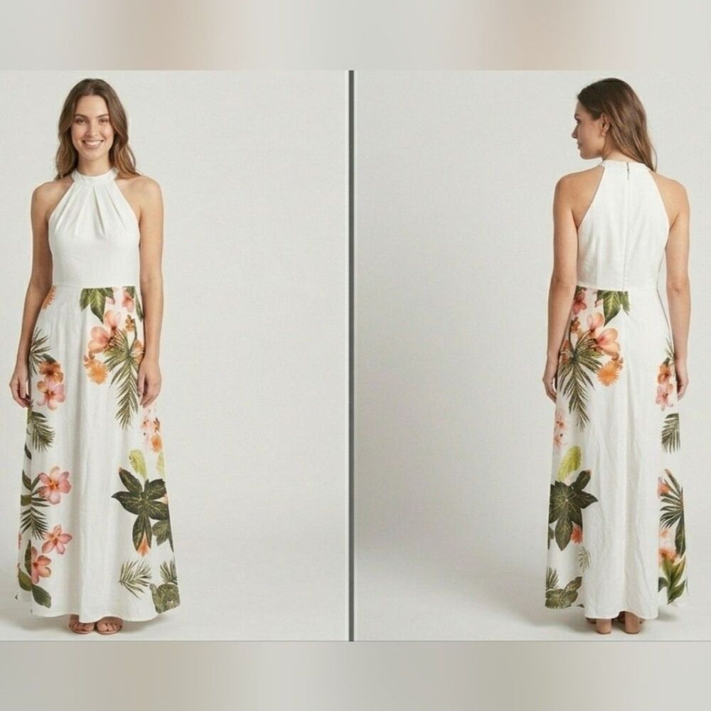 NWT Fehaute White Tropical Floral Halter Maxi Dress Women's Size 2 Resort Guest